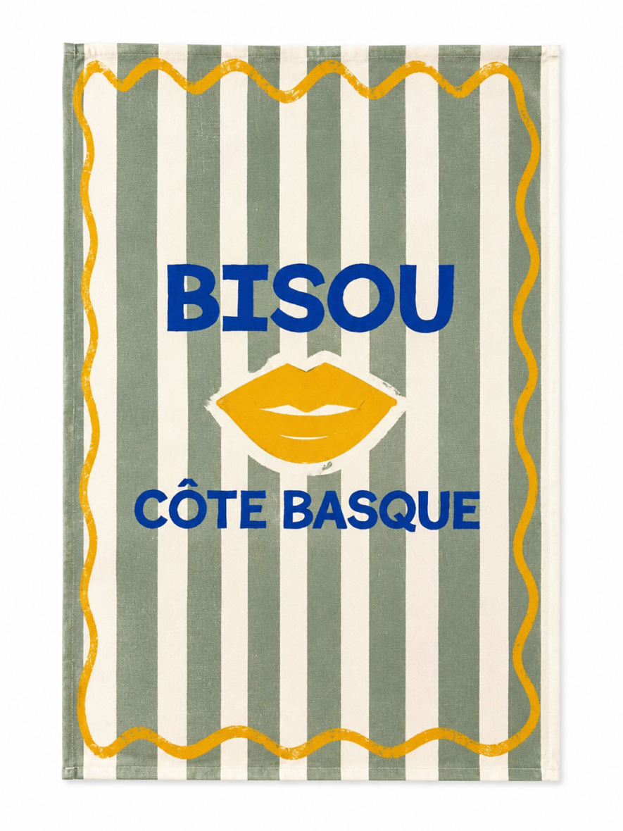 Torchon coton Bisou côte basque vert sauge