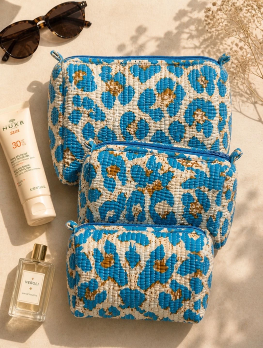 Trousse matelassée léopard bleu – Tailles S, M et L
